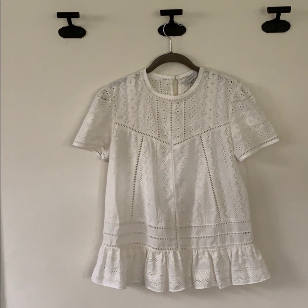 Anthropologie White Eyelet Top with Peplum Hem